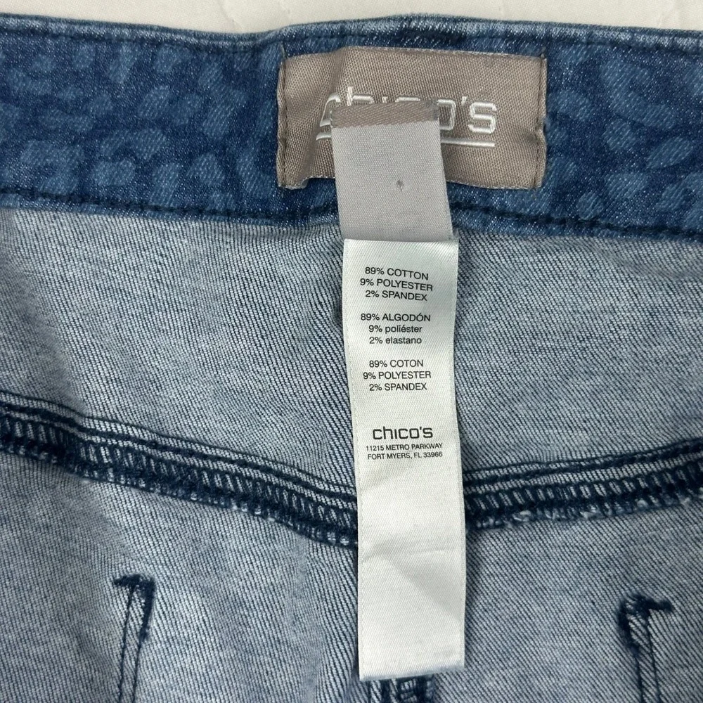 Chico's Jeans Womens 1.5 Regular Slim 10 Blue Leopard Print‎ Denim Cotton Blend